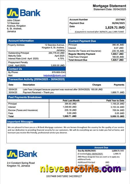 Jamaica National Bank (JN Bank) mortgage statement Word and PDF template